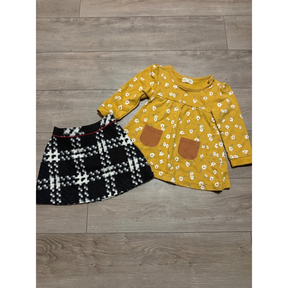 Kit + Pearl Floral Tunic & Janie and Jack Plaid Skirt Set 18-24M Yellow Black